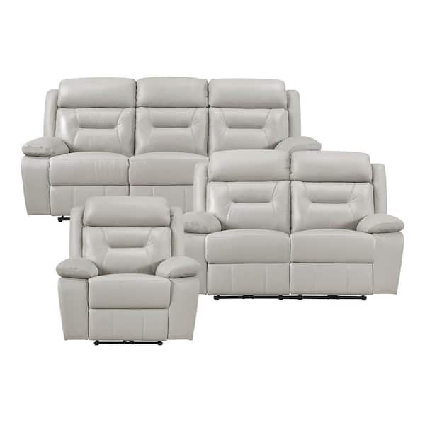 Emillia 87 in. W Pillow Arm Leather Rectangle 3-Piece Power Double Reclining Sofa Set in Silver