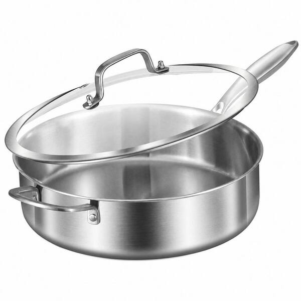 6 Qt Tri-Ply Stainless Steel Saute Pan with Lid and Detachable Handle, Large Skillet for Induction and Oven