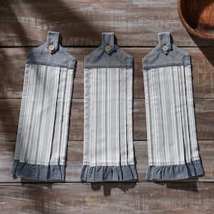 Sawyer Mill Blue Ticking Stripe Button Loop cotton Blend Kitchen Tea Towel Set (Set of 3)