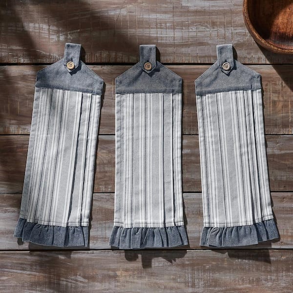 VHC Brands Sawyer Mill Blue Ticking Stripe Button Loop cotton Blend Kitchen Tea Towel Set (Set of 3)