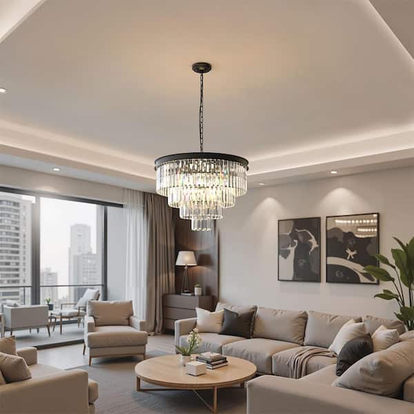 YANSUN 12-Light 4-Tier Black Crystal Chandelier, 24 in. Modern