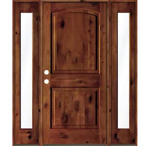 58 in. x 80 in. Rustic Knotty Alder Arch Top Red Chestnut Stained Wood Right Hand Single Prehung Front Door