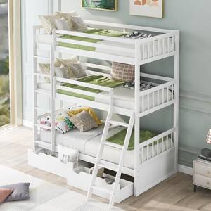 White Twin Size Triple Bunk Bed with 2-Drawers