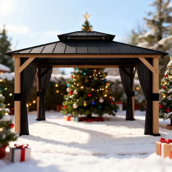 13 ft. x 11 ft. Outdoor Patio Wood Frame Gazebo with Double Hardtop Steel Roof and Mosquito Net