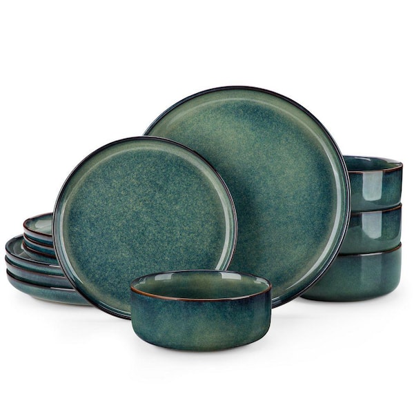 12-Piece Green Stoneware Dinnerware Set Service Set for 4 Bowls and Plates Set