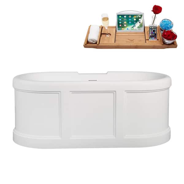 59 in. x 29 in. Acrylic Freestanding Soaking Bathtub in Glossy White With Brushed Brass Drain, Bamboo Tray