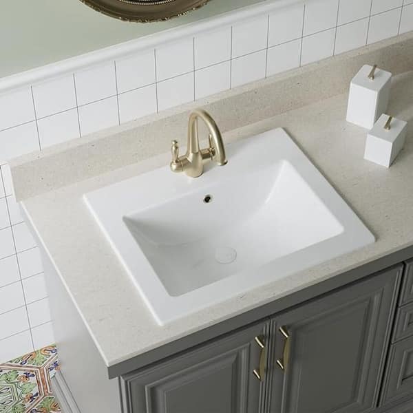 Dekorman Laguna Beach 21-5/8 in. Bathroom Sink in White Ceramic Rectangular Drop-in with Overflow and Single Faucet Hole