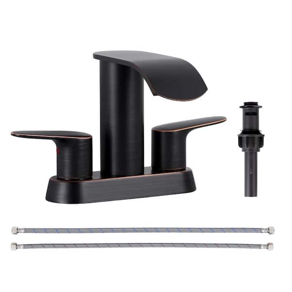 AVITAS 4 in. Centerset Double Handle Waterfall Bathroom Faucet with Drain Kit and Supply Lines Included in Oil Rubbed Bronze