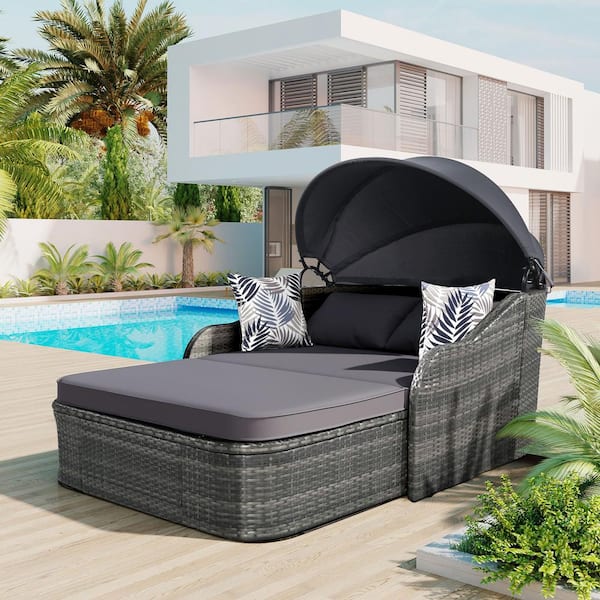 Cesicia Gray Wicker Outdoor Day Bed with Gray Cushion and Adjustable Canopy