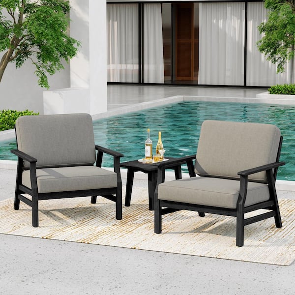 Black Solid Wood Frame Outdoor Patio Lounge Chairs with Light Camel Cushion (2-Pack)
