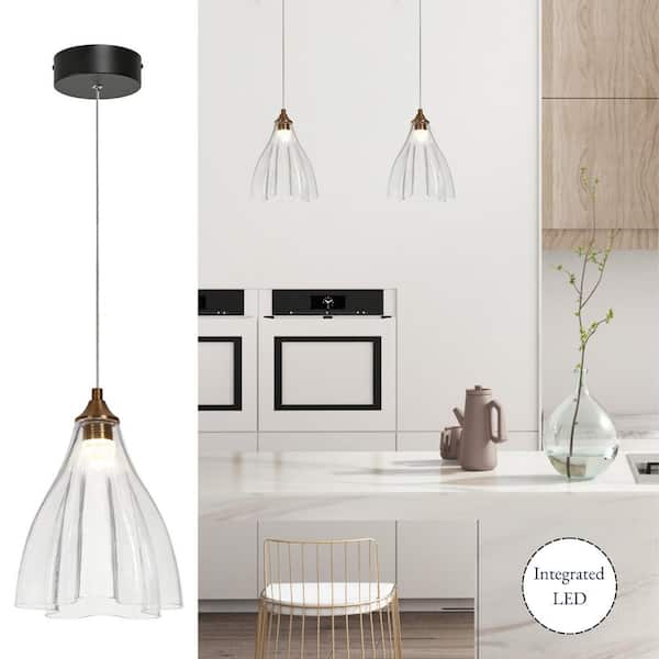 LNC Juanshin 1-Light Matte Black and Plating Brass Integrated LED Mini Pendant Light with Clear Glass Shade