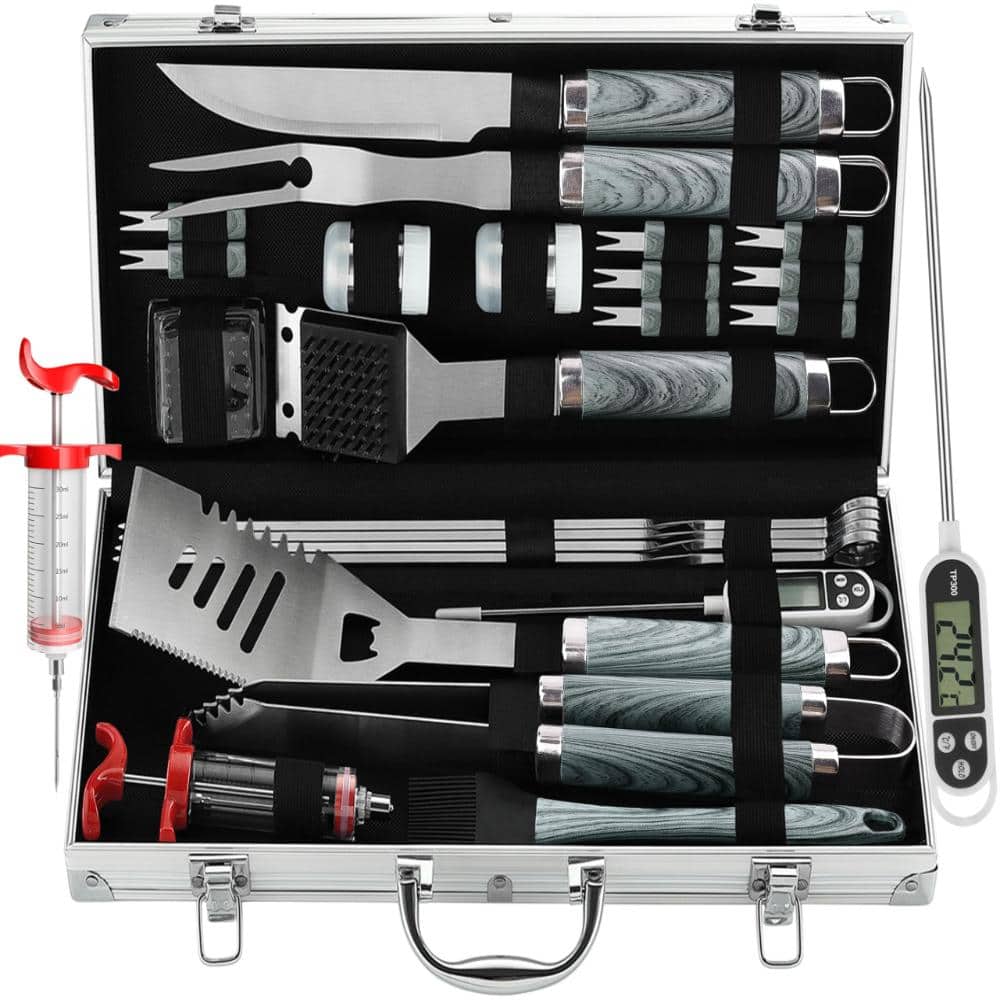 16 in BBQ Grill Tools Set Stainless Steel Meat Thermometer Portable Aluminum Case Gray 24-Piece price history on PriceWatchPro