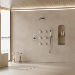 Thermostatic 7-Spray 12 in. Wall Mount Dual Shower Head and Handheld Shower in Brushed Nickel (Valve Included)