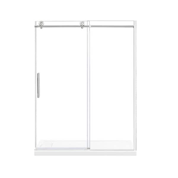Dylan 58 1/2 in. - 60 in. W x 76 in. H Sliding Frameless Shower Door in Brushed Nickel Finish with Clear Glass