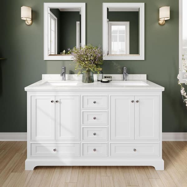 Wyndham Collection Deborah 60in.Wx22 in.D Double Vanity in White with Cultured Marble Vanity Top in Light-Vein Carrara with White Basins