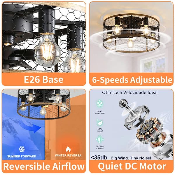 20 in. Industrial Caged Ceiling Fan with Light Remote, Black Flush Mount Low Profile Fan, 7 ABS Blades, E26 Base