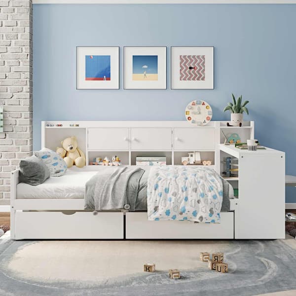 White Full Daybed with 7-Storage Cabinets, 2 Storage Drawers, Study Desk and Built-in Bookshelf