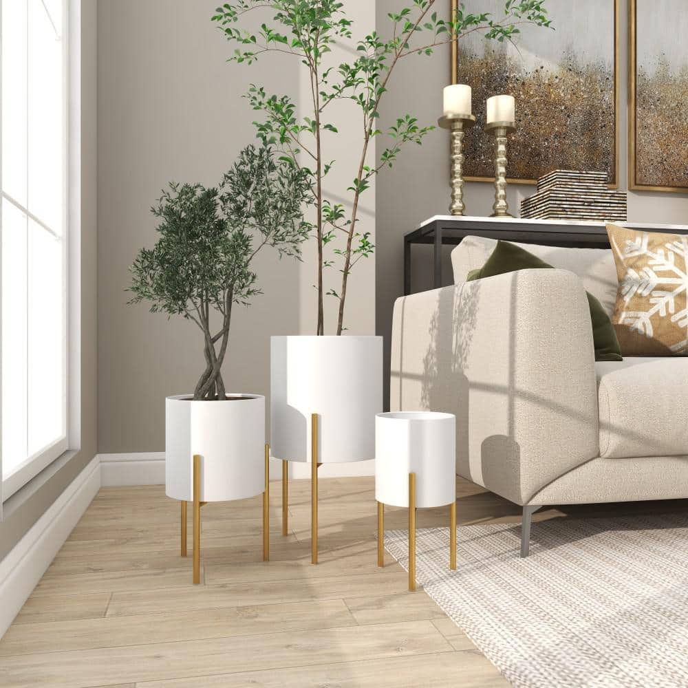 White and Gold Metal Cylinder Floor Planter Set of 3