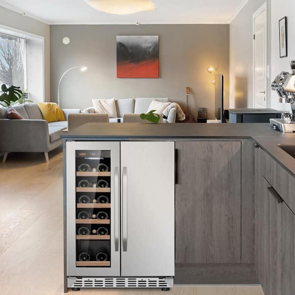 23.4 in. Dual Zone 18-Wine Bottles and 55-Cans with French Door Beverage and Wine Cooler in Stainless Steel