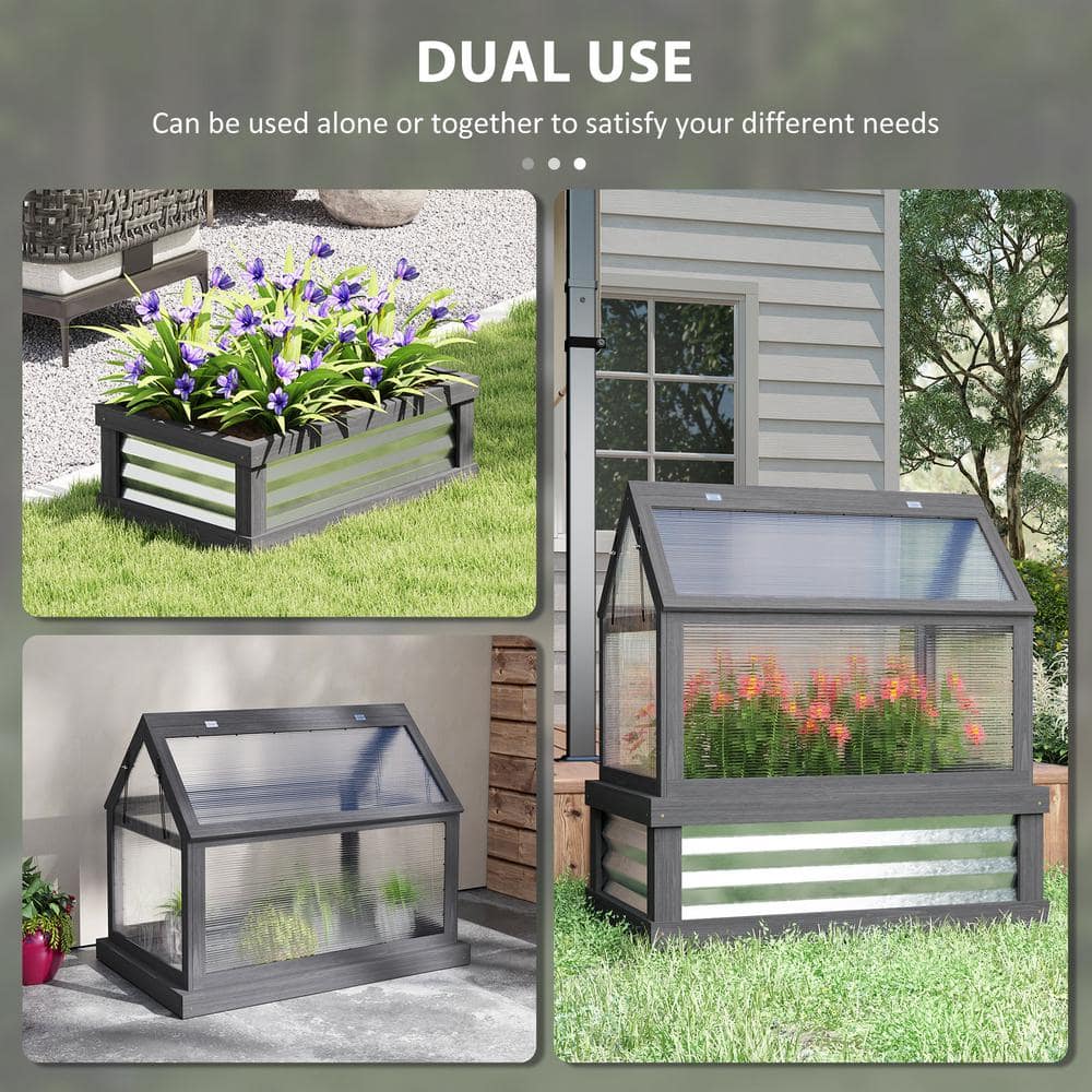 Gray Fir Wood Raised Garden Bed with Polycarbonate Greenhouse