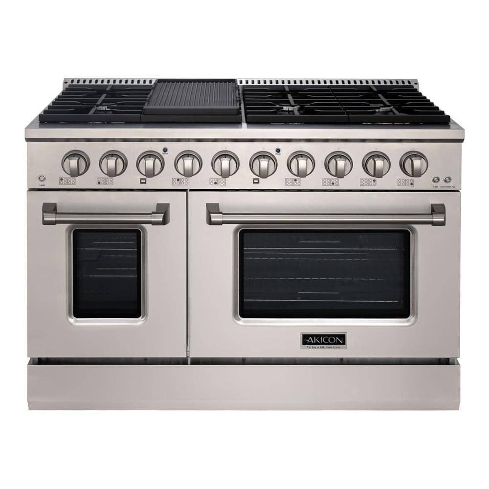 Akicon 48in. 8 Burners Freestanding Gas Range in Stainless Steel with  Convection Fan Cast Iron Grates and Black Enamel Top AK-JK48A1-SS - The  Home 
