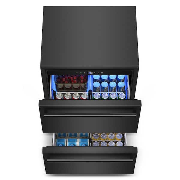 24 in. 180-Can Dual Drawer Built-in Single Zone Black Stainless Steel Beverage Refrigerator 4.9 cu. ft. with Caster
