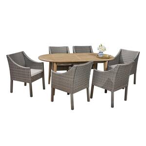 Stamford 7-Piece Wood and Plastic Outdoor Dining Set with Silver Cushions