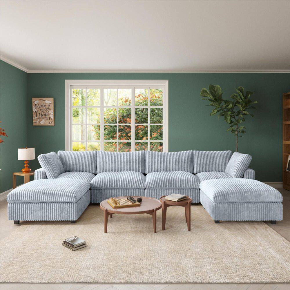 Oversized 157.48 in. W Square Arm 6-piece Rabbit Velvet Plush Modular Sectional Sofa in Gray 6-Seater with Ottoman