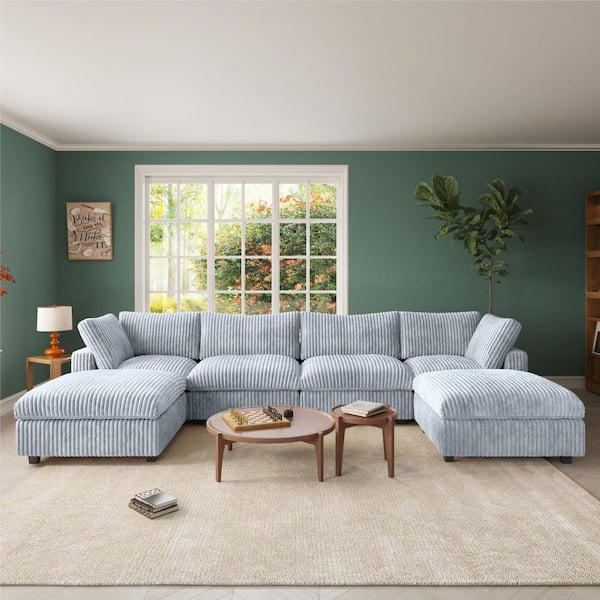 J&E Home Oversized 157.48 in. W Square Arm 6-piece Rabbit Velvet Plush Modular Sectional Sofa in Gray 6-Seater with Ottoman