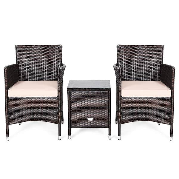 Outdoor 3-Pieces Wicker Patio Conversation Set With Beige Cushions
