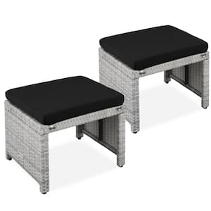 Gray Wicker Outdoor Ottoman with removeable Black Cushion (2-Pack)