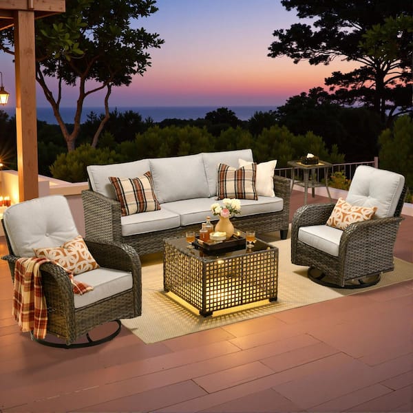 Nvelyn Gray 5-Piece Wicker Patio Conversation Set with Gray Cushions and Swivel Chairs