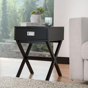 21.85 in. Black Wood Modern Square Shape x-Side Table with Drawer