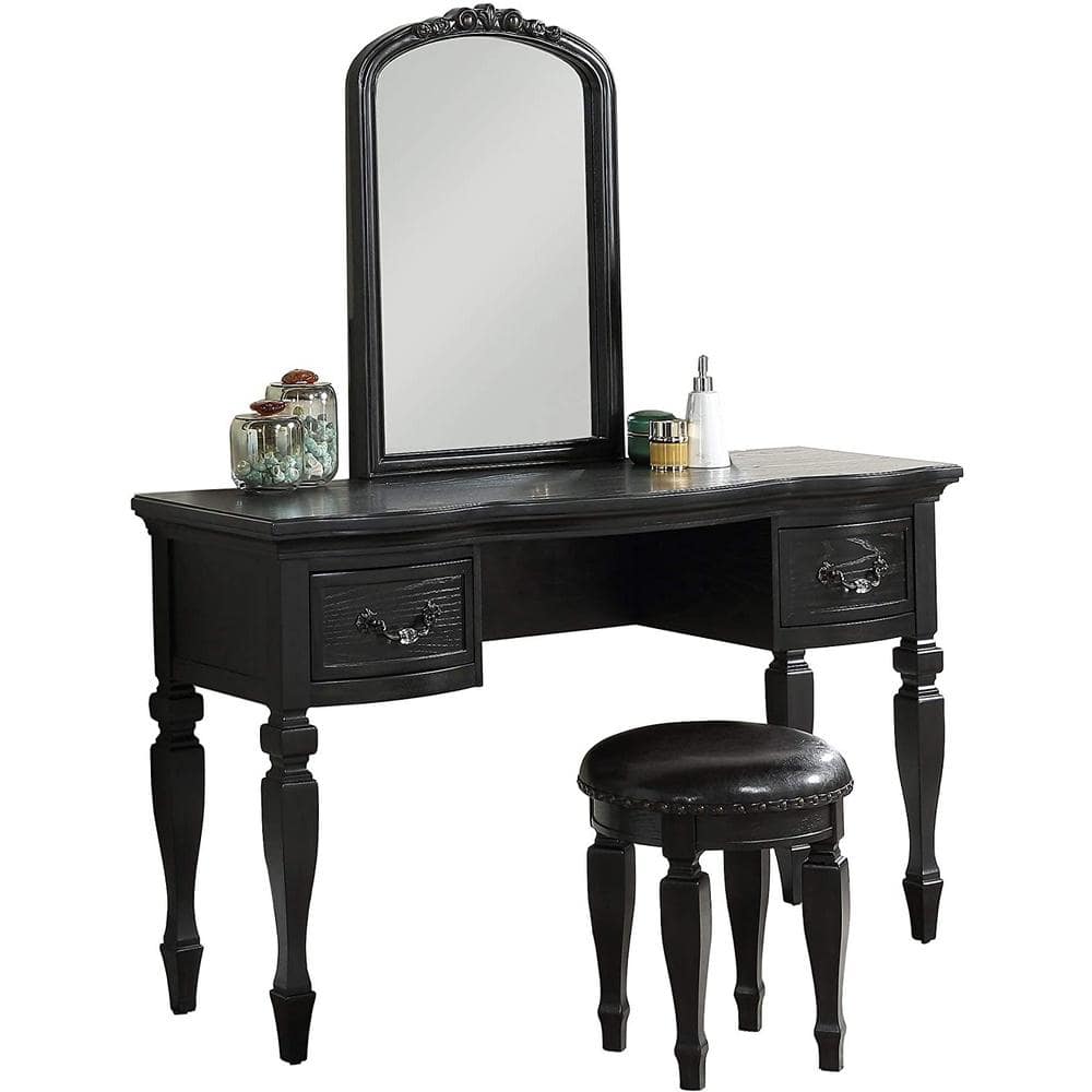 Classic Black Vanity Set Wooden Carved Mirror Stool 60 in. H x 54 in. W x 1