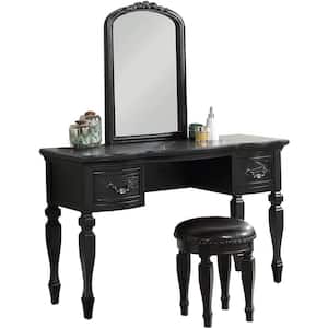 Classic Black Vanity Set Wooden Carved Mirror Stool 60 in. H x 54 in. W x 19 in. D