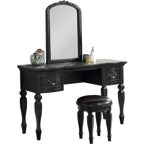 Unbranded Classic Black Vanity Set Wooden Carved Mirror Stool 60 in. H x 54 in. W x 19 in. D