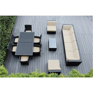 Black 14-Piece Wicker Patio Combo Conversation Set with Sunbrella Antique Beige Cushions