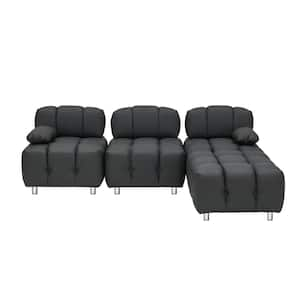 88.97 in. Wide Pillow Top Arm Faux Leather L-Shaped Modern Upholstered Sofa in Black