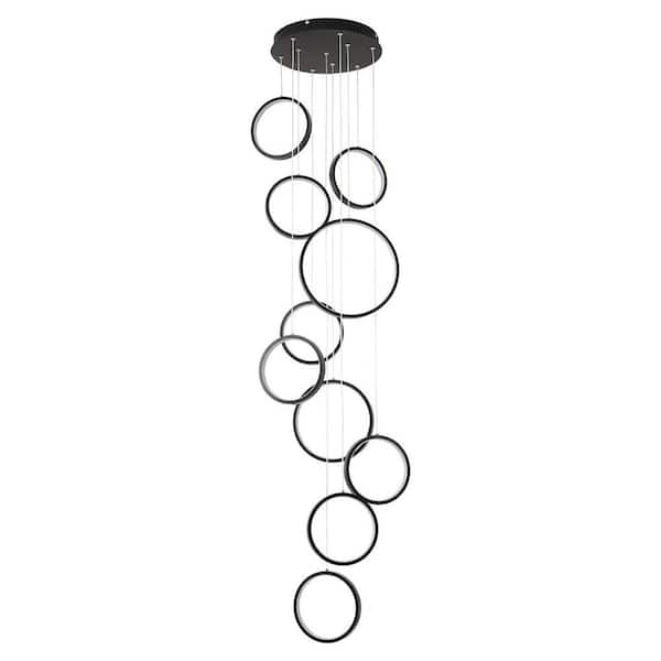 OUKANING 10-Light Dimmable Integrated LED Black Modern 10 Rings Chandelier with Remote and Adjustable Height for Living Room