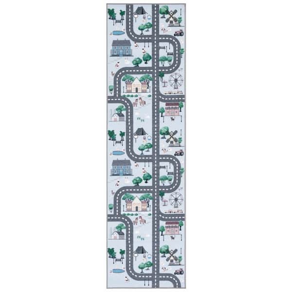 Kids Playhouse 2 ft. x 6 ft. Blue/Dark Gray Neighborhood Roads Runner Rug