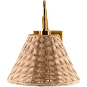 Cerro 40-Watt 1-Light Tan/Gold Wall Sconce with Empire Shaped Rattan Shade