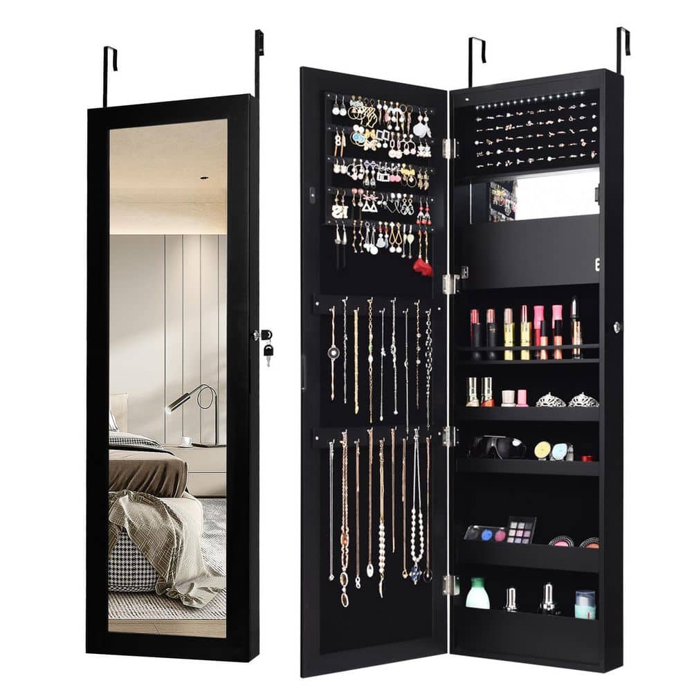 ANGELES HOME Black Lockable Wall Door Mounted Mirror Jewelry Cabinet with LED Lights -  108CKJV086BK