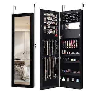 Black Lockable Wall Door Mounted Mirror Jewelry Cabinet with LED Lights