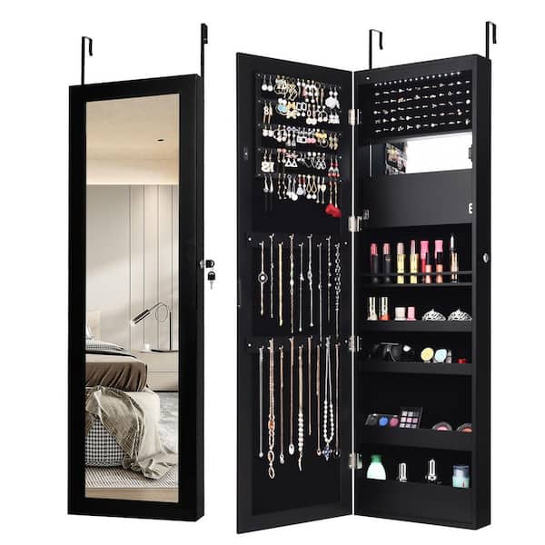 ANGELES HOME Black Lockable Wall Door Mounted Mirror Jewelry Cabinet with LED Lights