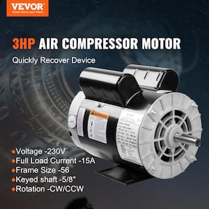 3HP Air Compressor Motor 3450 RPM Single Phase Electric Motor 5/8 in. Keyed shaft 230V FLA 15A 56 Frame CW/CCW Rotation