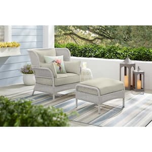Pinecroft French Linen 2-Piece Wicker Outdoor Lounge Chair and Ottman with CushionGuard Biscuit Beige Cushions