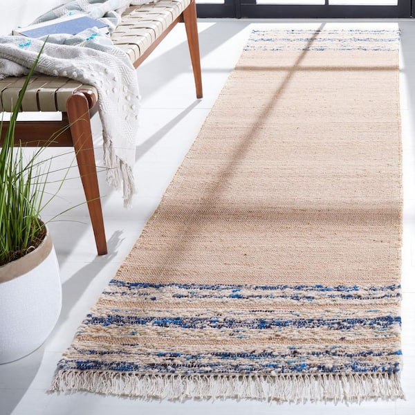 Natura 2 ft. x 9 ft. Natural/Navy Striped Border Runner Rug