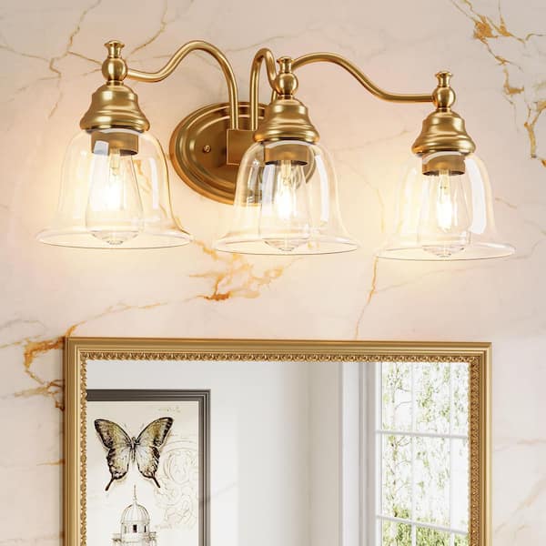 22.85 in. 3-Light Traditional Gold Bath Vanity Light with Flower-Shaped Clear Glass Shades, Up/Down Mounting