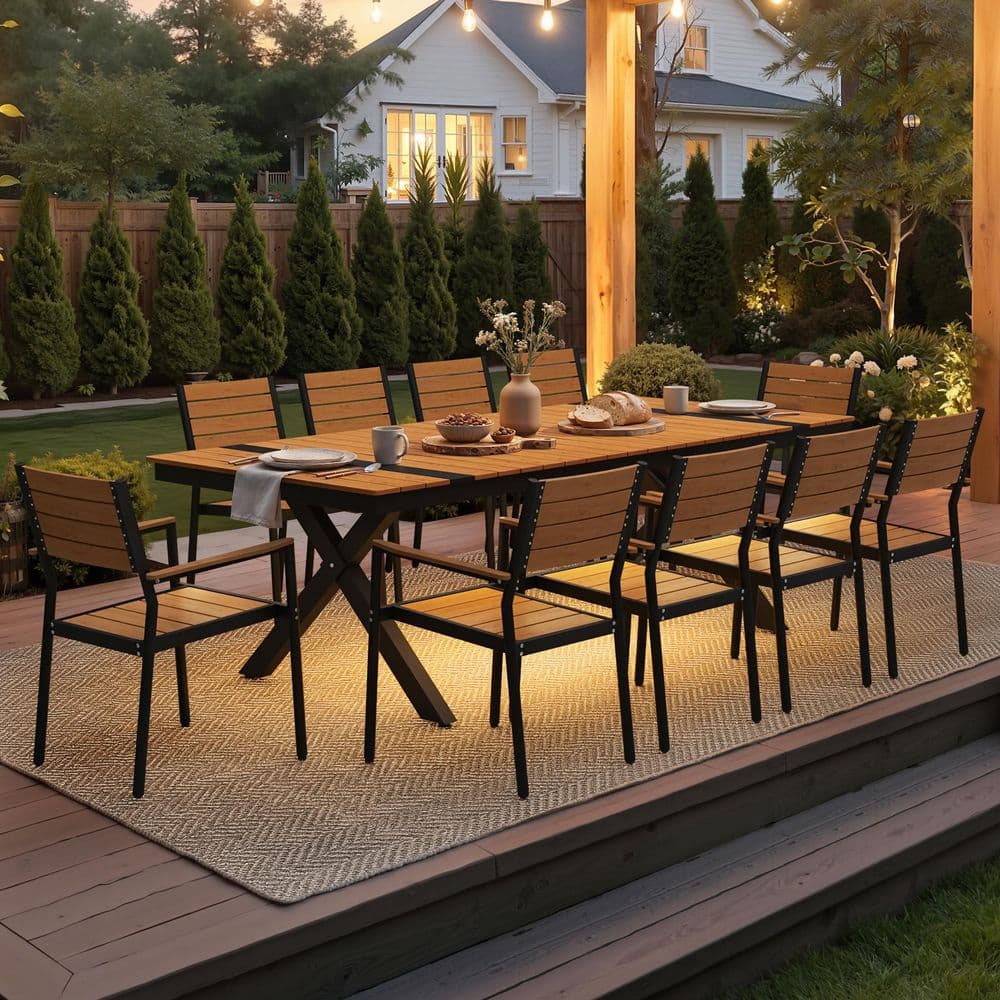 11-Piece Outdoor Dining Set with Aluminum Frame WPC Top with LED Light Strip and Umbrella Hole 10-Stackable Chairs Brown price history on PriceWatchPro