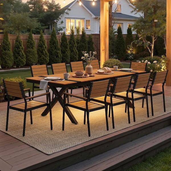 11-Piece Outdoor Dining Set with Aluminum Frame WPC Top with LED Light Strip and Umbrella Hole 10-Stackable Chairs Brown